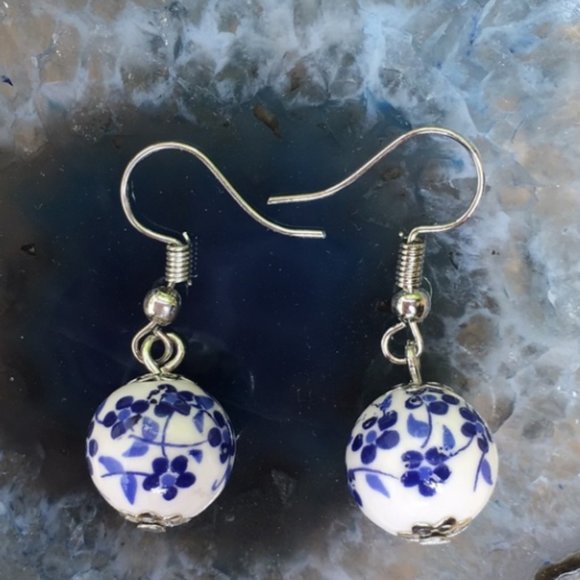 Blue Flower Ball Earrings - Picture 1 of 3